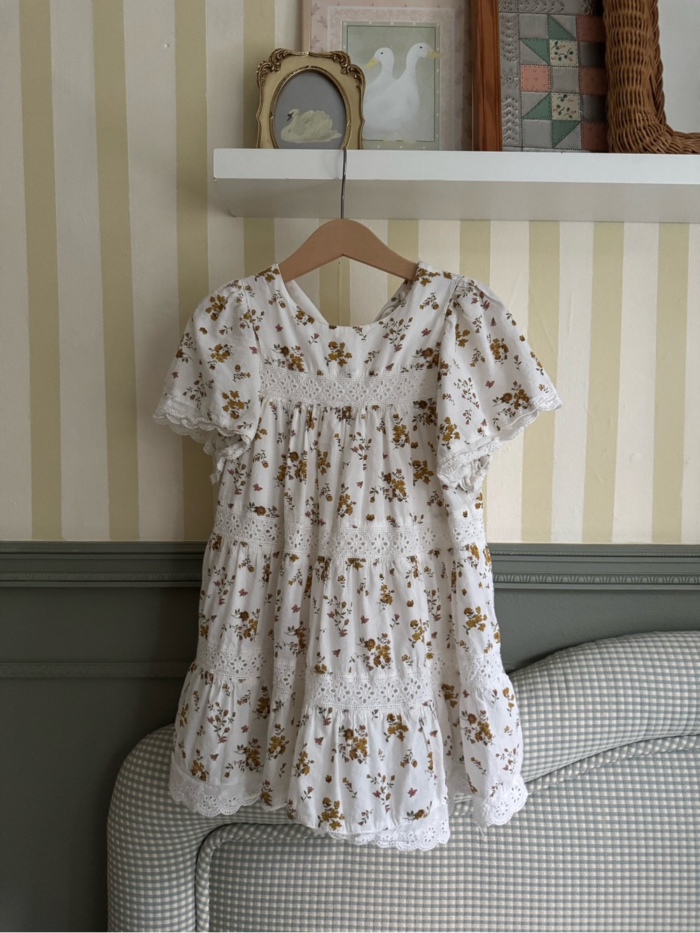 Little cotton clothes Girls white floral eyelet dress with mustard print